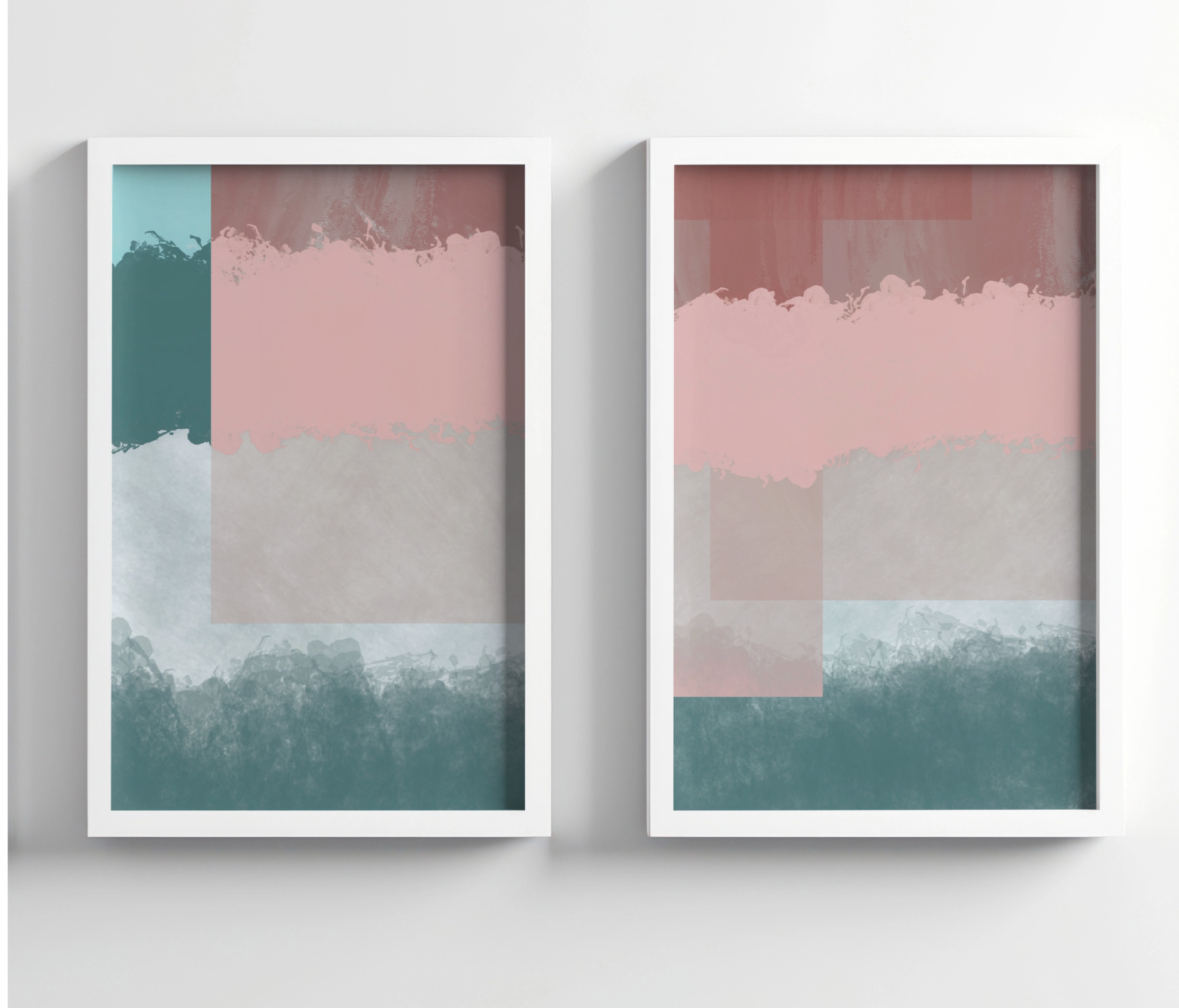 Two abstract art prints with color blocks in teal, pink, and gray on a white wall.