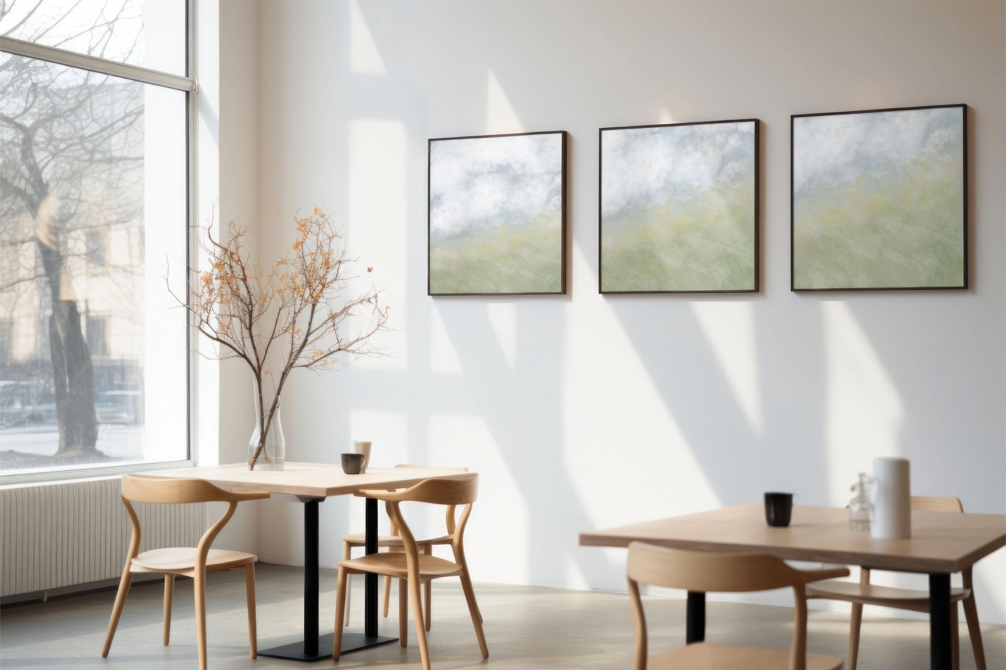 Modern dining area with wooden table and chairs, large windows, and framed artwork on the wall.